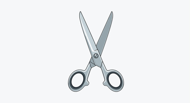 Metal office scissors with grey handles open and ready for cutting isolated on a clean white background for craft themes.