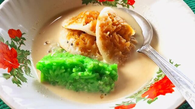 Special Serabi Ngampin from Ambarawa, Cental Java, Indonesia. Typical indonesian food with a sweet taste. Footage.
