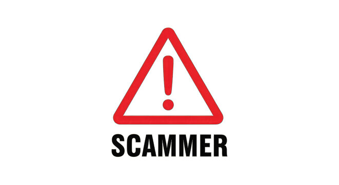 Red warning scammer sign with exclamation mark isolated on transparent background