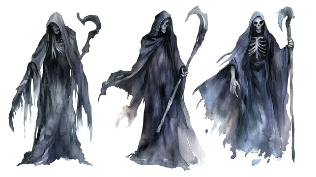 Three watercolor grim reapers in tattered robes with scythe and splattered paint background, moody dark tones