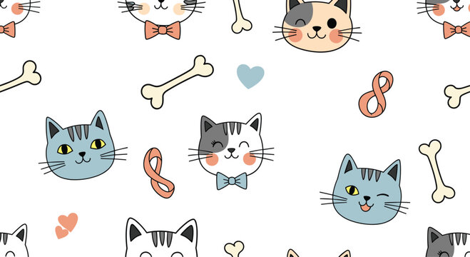 Adorable seamless pattern featuring various cute cat faces with bowties, hearts, fish, and bones on a white background.