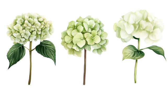 Three watercolor hydrangea stems with pale green petals and green leaves, isolated on white background