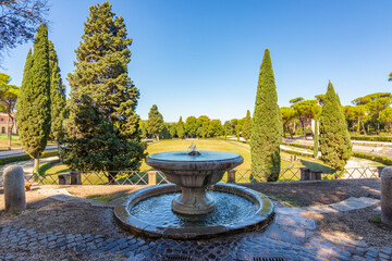Naklejka premium Fountain at Piazza di Siena square in Villa Borghese park, Rome, Italy