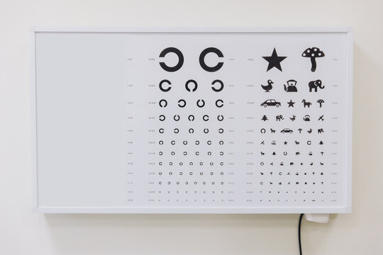 Pediatric ophthalmology eye chart showing Landolt C rings and picture symbols for vision testing