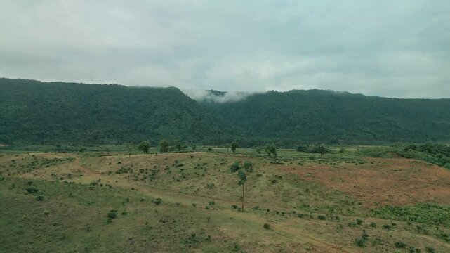 Cinematic drone aerial view of a winding road through lush tea gardens and forest hills in Jaflong, Sylhet, Bangladesh. Peaceful countryside landscape with clouds gathering
