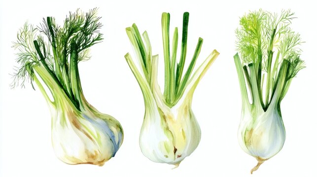 Fresh fennel bulbs and fronds arranged in botanical watercolor style on white background