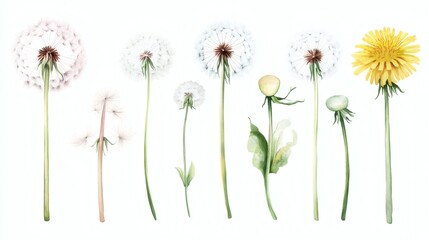 Obraz premium Watercolor-style botanical lineup showing dandelion life stages and parts on white background