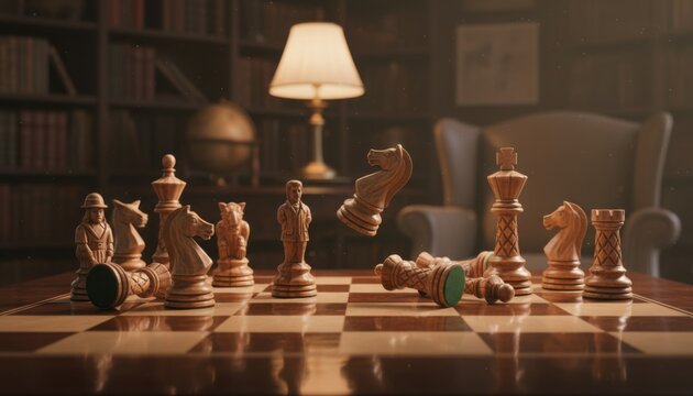 Intricately carved wooden chess pieces in dramatic lighting on a classic chessboard, ready for intense strategy