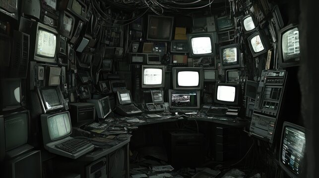 Obsolete computer monitors and cables create retro cluttered technology workspace