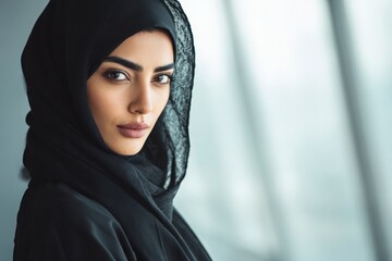 Naklejka premium Close-up portrait of confident Muslim businesswoman in black abaya looking away with serious expression
