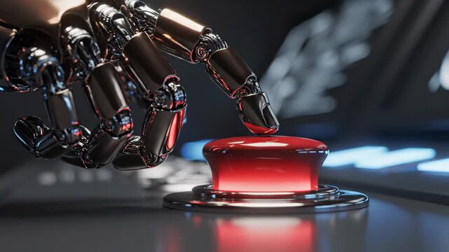 Robotic hand pressing a red emergency button