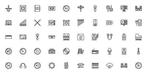 Music and song icon set. Vector illustration pack featuring violin, speaker, guitar, piano, headphones, microphone, radio, vinyl and more. Editable stroke icons. © wang
