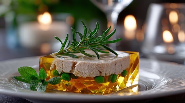 gourmet french cuisine, a classic french aspic de volaille with poached chicken, carrots, peas, and meat jelly offers a high-end dining experience