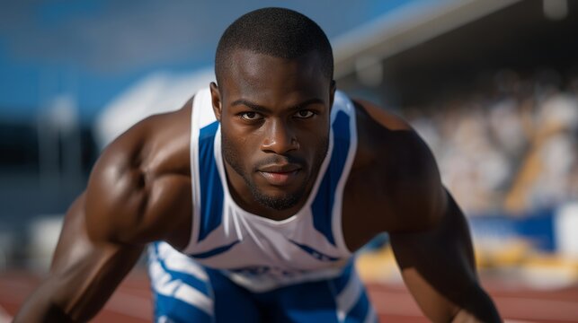 Elite sprinter exploding from starting blocks with perfect form and fierce determination at a world championship, perfect for elite athletics, sprint performance, world class sport, championship