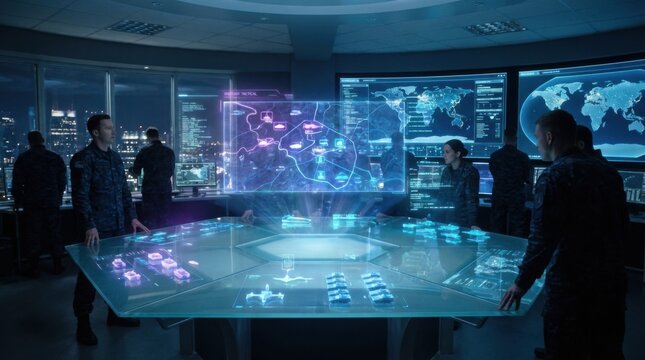 Futuristic holographic tactical map display in a command center with analysts planning global operations