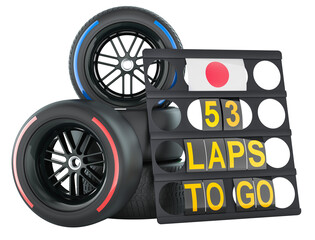 Naklejka premium Japanese racing, Pit board with Japan flag, 53 laps to go and racing wheels with different compounds type tyres. 3D rendering