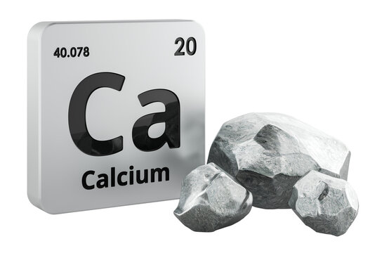 Calcium element tile with Ca symbol and calcium pieces. 3D rendering