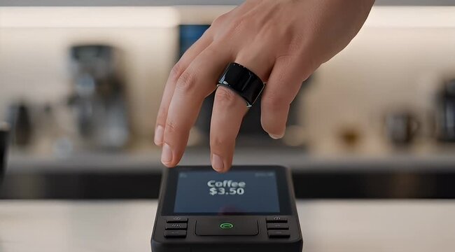 Paying for coffee with a smart ring, showcasing contactless payment technology
