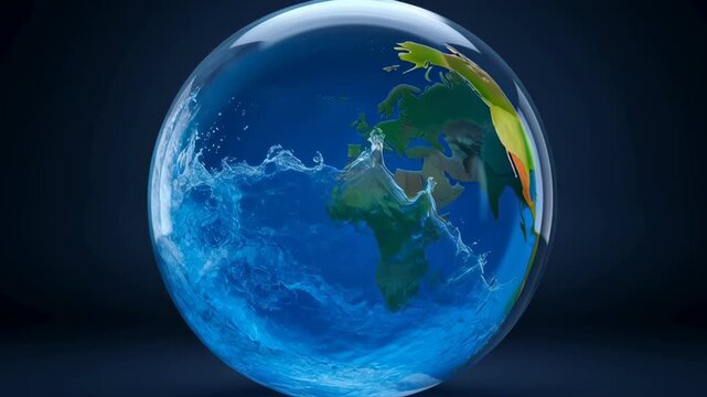 Glass Earth globe filled with splashing ocean water on dark background representing climate change and environmental conservation