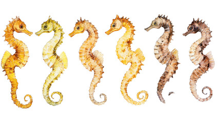 Fototapeta premium Row of seven watercolor seahorses in different colors, isolated on black background, hand-painted marine illustration set.