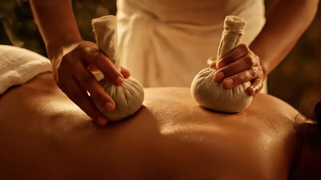 Ayurvedic Herbal Poultice Back Massage in Wellness Spa