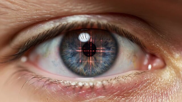 Blue eye iris with red laser targeting grid in macro vision closeup