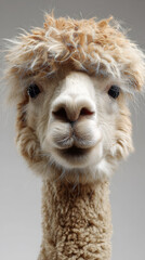 Fototapeta premium Alpaca headshot featuring a fluffy brown and white coat, creating a charming and cute animal portrait against a plain background, highlighting its endearing face and soft texture