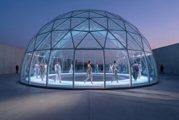 Fashion Models Walking Runway Inside Futuristic Glass Dome Pavilion at Dusk
