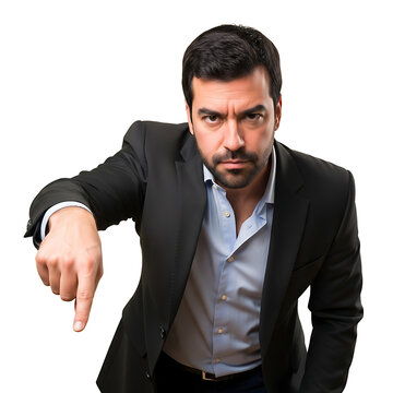 Serious businessman in a suit pointing down, indicating direction