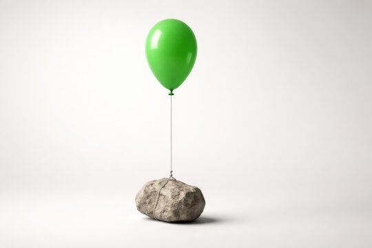 A green balloon tied to a large grey rock with a thin string against a plain white background, symbolizing contrast and balance.