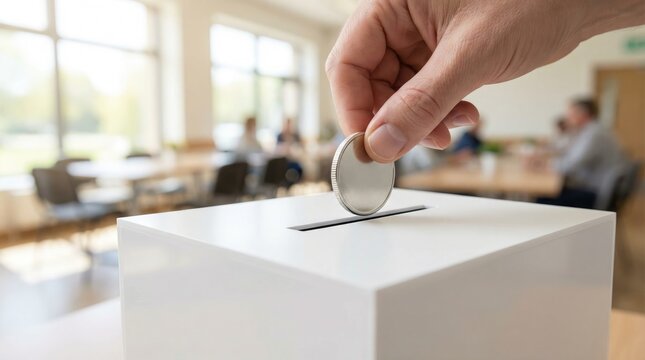 Hand dropping a silver coin into the slot of a white donation box