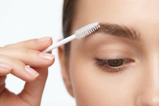 Close up portrait of a young woman brushing her eyebrows with a spoolie brush