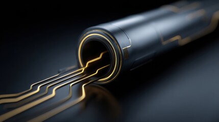 Fototapeta premium Close-up View of Circuit Pathways Rerouted Through Tunnel With Privacy Features Showing Metallic Sheen and Dark Gradient Background