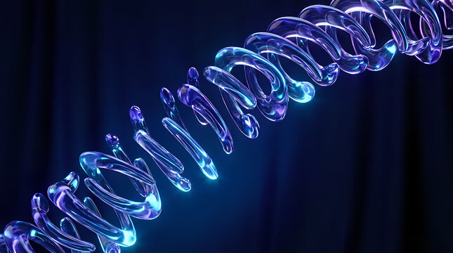 Abstract transparent glass spiral with glowing blue and purple light reflections on a dark background, representing data, technology, or science concepts