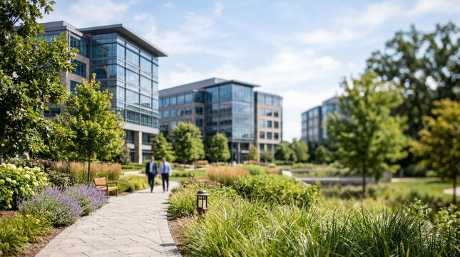 Corporate campus office buildings blur background business park