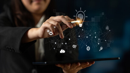 AI innovation with neural network and digital transformation. AI innovation drives automation,...