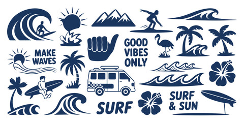 Obraz premium Tropical beach and surf themed vector set with palm trees waves surfboards van flamingos ocean elements and summer quotes bold vacation illustration for travel design