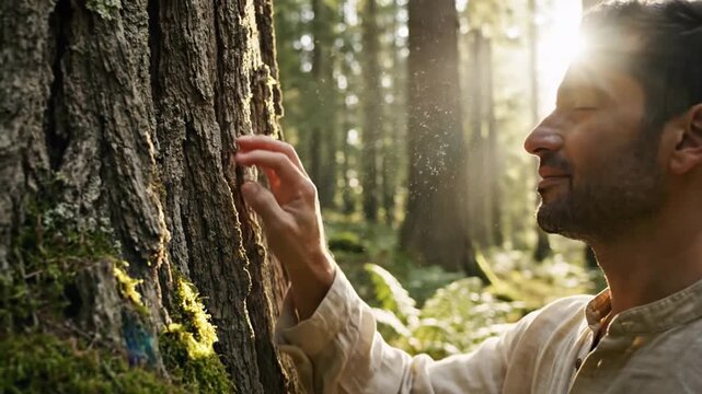 Peaceful man touching tree trunk in sunlit forest