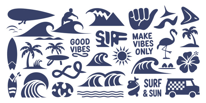 Tropical beach and surf themed vector set with palm trees waves surfboards van flamingos ocean elements and summer quotes bold vacation illustration for travel design