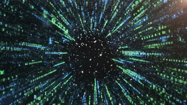 Digital padlock exploding into binary code data stream