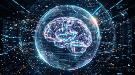 Fototapeta premium Futuristic Artificial Intelligence Brain with Neural Network Connections and Data Streams on Dark Technology Background