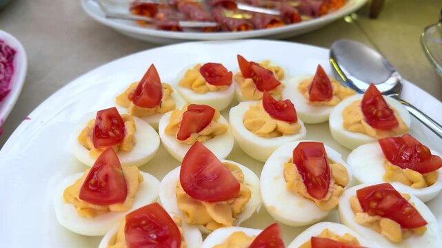 Deviled eggs tomatoes Homemade hard Boiled Deviled Eggs garnished with herbs. 