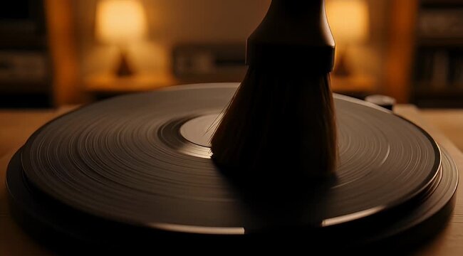 Close up of a record player with a brush cleaning the vinyl