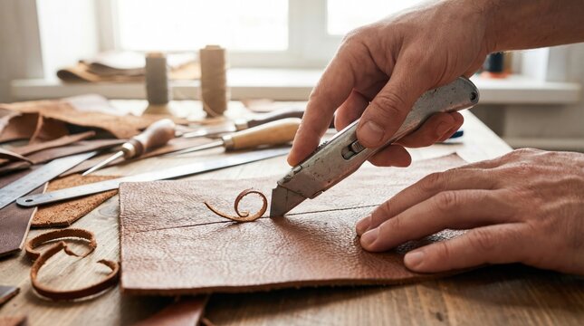 Craftsman hands cutting a piece of brown leather with a utility knife in a workshop