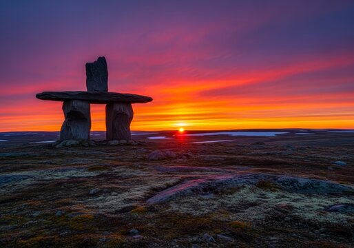 Inukshuk standing on a rocky landscape at sunset. Arctic wilderness with vibrant sky colors. Traditional indigenous landmark for advertising.