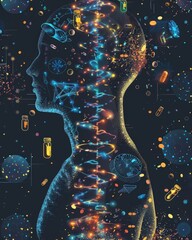 Fototapeta premium Abstract Digital Illustration of Human Profile Silhouette with Glowing Neural Networks and DNA Double Helix, Concept of Biotechnology, Genetic Engineering, Artificial Intelligence and Science Research