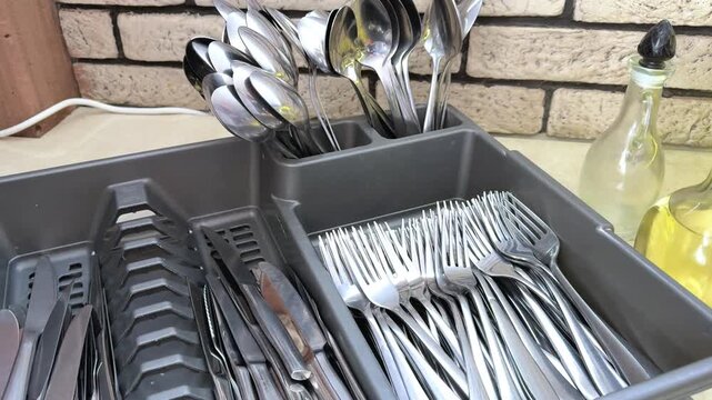 Close-up of stainless steel forks stacked in a dishwasher cutlery basket, kitchen cleanup and dishwashing routine, home hygiene and daily chores.