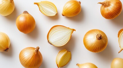 Whole and Halved Golden Onions on a Light Background