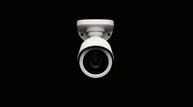 A modern white surveillance security camera with a cylindrical body is perfectly centered against a stark black background for security concept design.