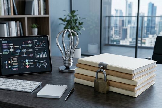 A modern office desk setup illustrating intellectual property management with a patent folder stack, metallic lightbulb sculpture, small padlock, and tablet showing abstract diagrams in a